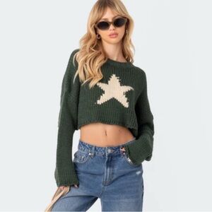 EDIKTED Mega Star Cropped Sweater Off White and Green Size Small / XS